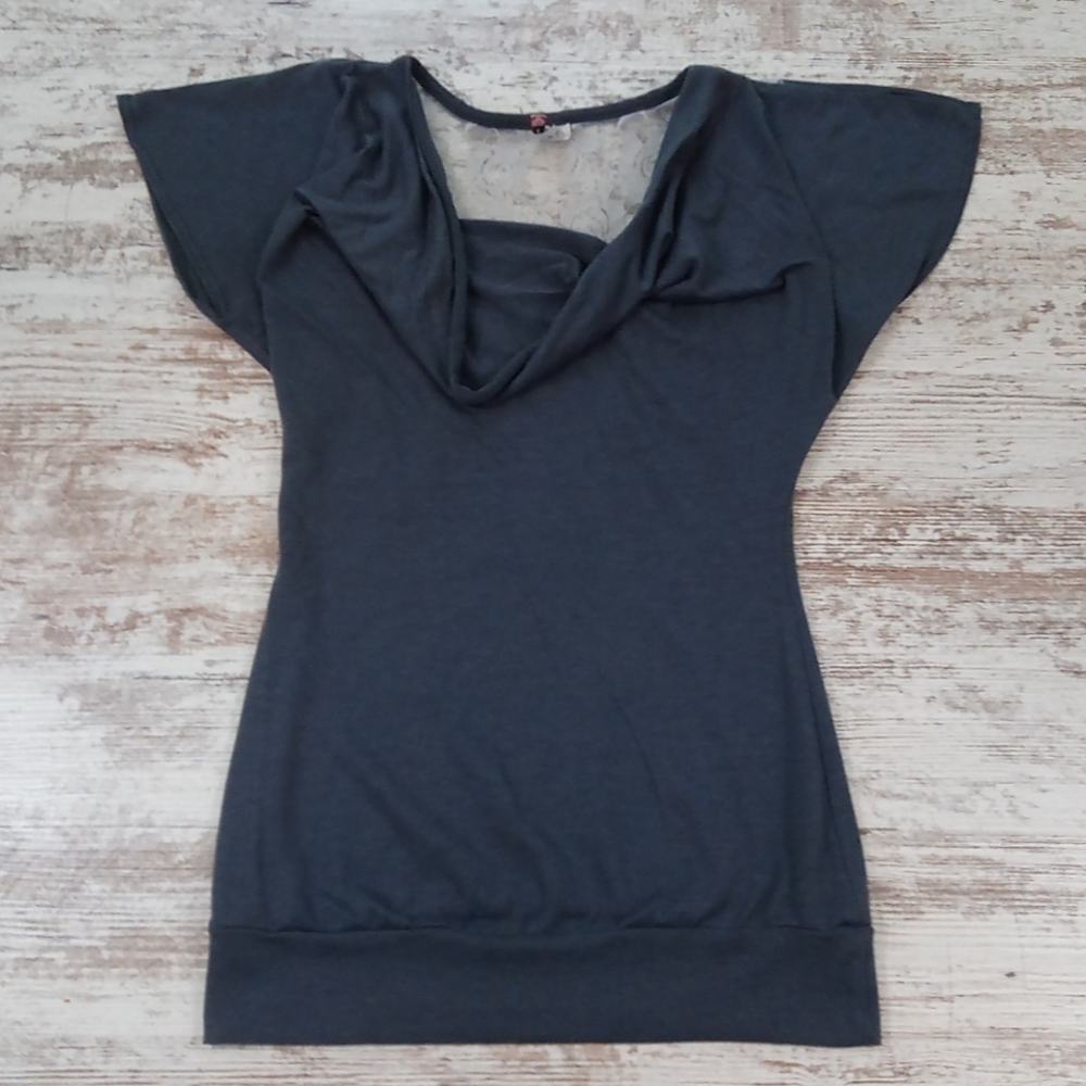 Discreet Short Sleeve Lacey Detail Cowl Neck Top